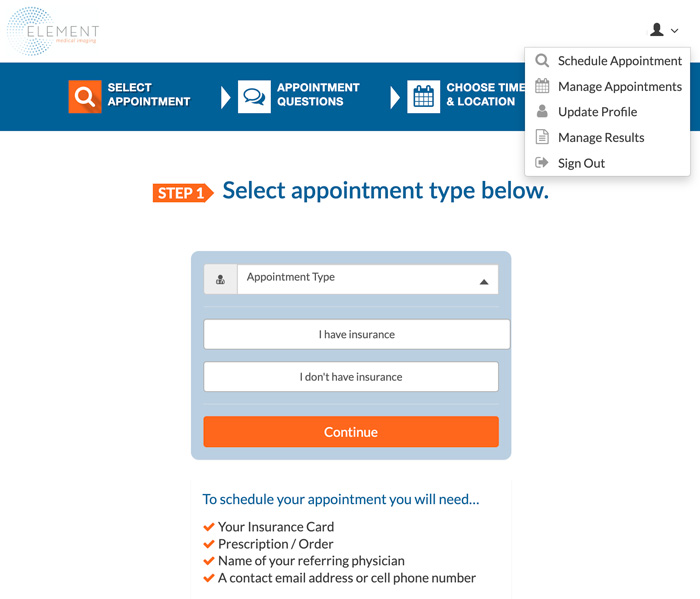 User interface showing how patients can schedule and manage appointments online at Element Medical Imaging.