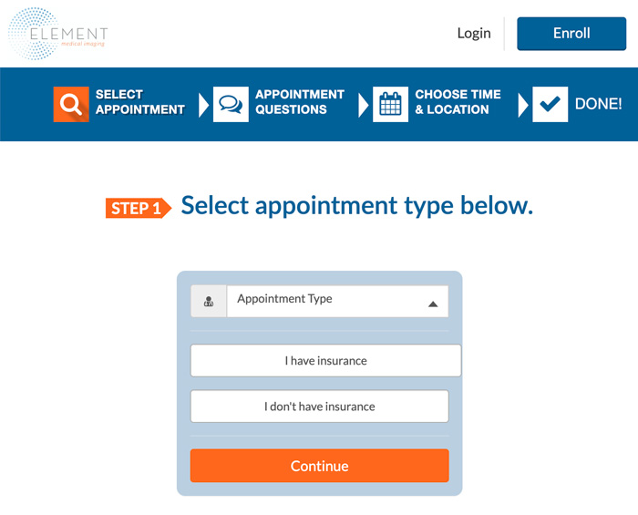 Step-by-step online appointment scheduling page for Element Medical Imaging.